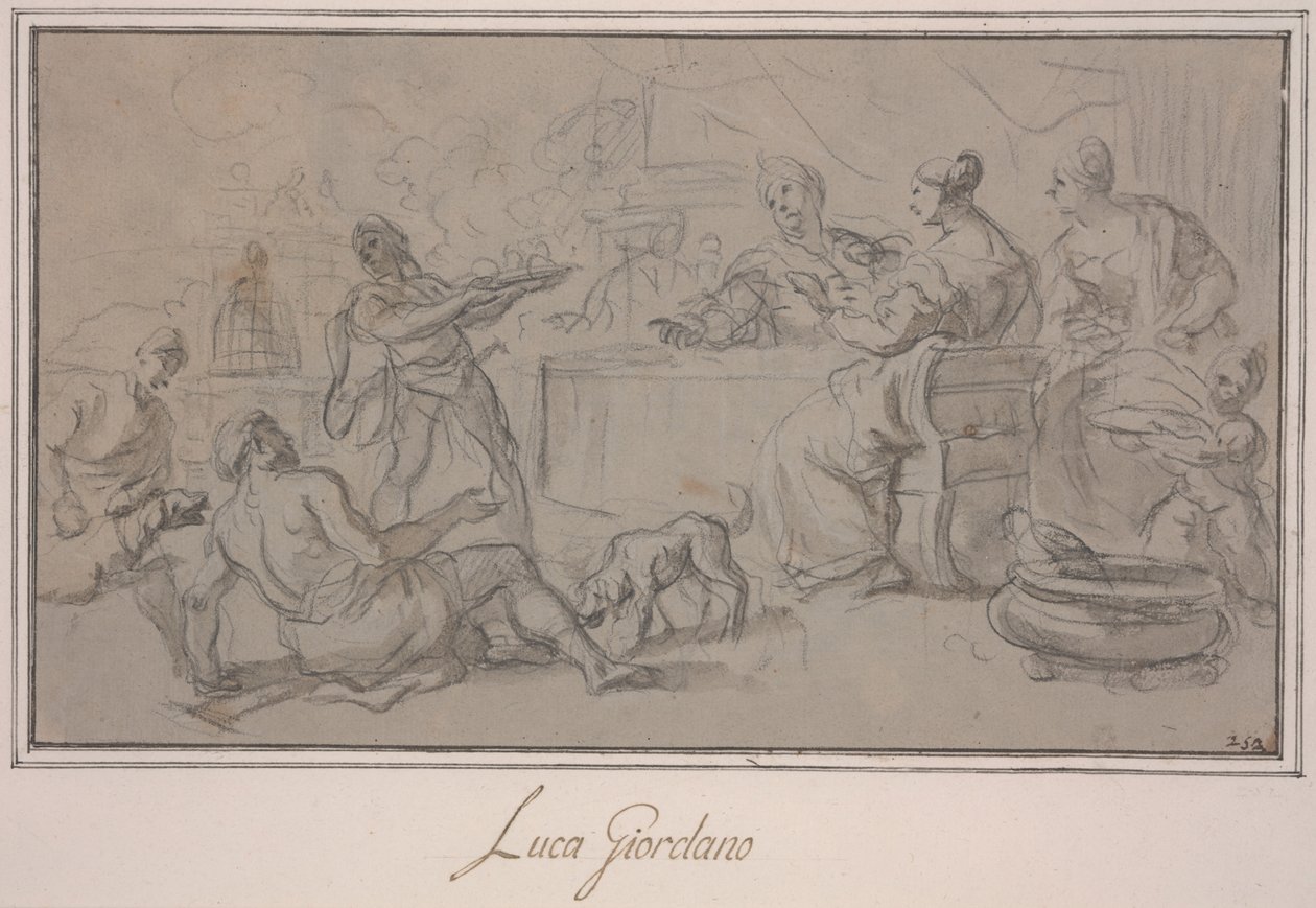 Zenginlerin Ziyafeti (kağıt üzerinde grafit ve mürekkeple yıkama) by Luca Giordano