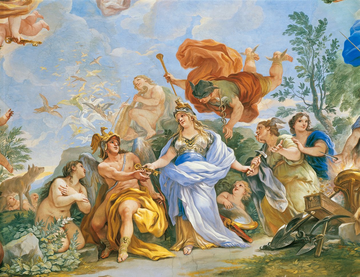 Luca Giordano (1634-1705) tarafından Medici ailesinin tanrılaştırılmasıyla fresk, Detay by Luca Giordano