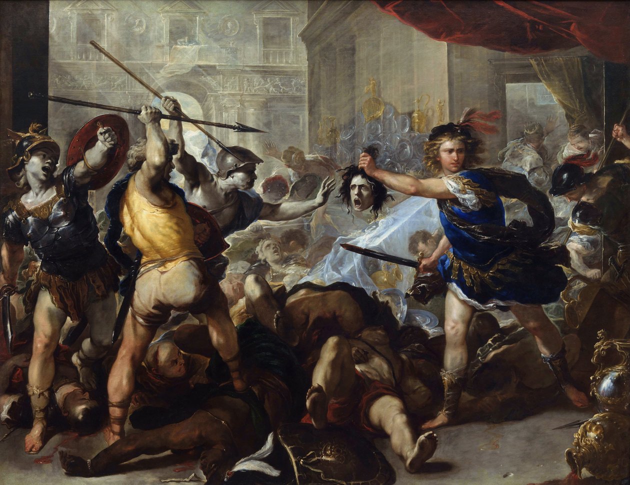 ""Perseus, Phineas'ı ve Düşmanlarını Medusa'nın Başını Önlerinde Sallayarak Taşa Dönüştürüyor" (Perseus Phineas'ı ve Takipçilerini Taşa Dönüştürüyor) Tablosu Luca Giordano (1632-1705) yaklaşık 1680 National Gallery, Londra by Luca Giordano