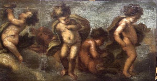 Putti disporting (tuval üzerine kağıt) (sağ detay) (ayrıca bkz. 67087-90) by Luca Giordano