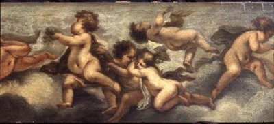 Putti disporting (tuval üzerine kağıt) (sağ detay) (ayrıca bkz. 67091-93) by Luca Giordano