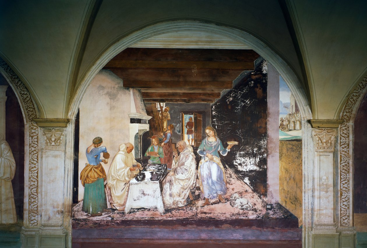 Benedict, iki keşişe manastırın dışında ne zaman ve nerede yemek yediklerini söylerken, St Benedict'in Yaşamı'ndan bir sahne by Luca Signorelli