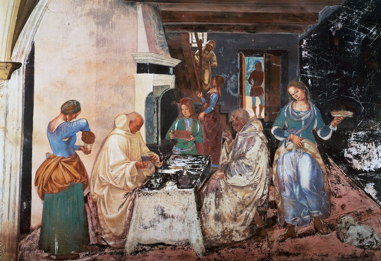 Benedict, keşişlere Manastırın dışındayken nerede ve ne zaman yemek yediklerini söyler, St Benedict Hikayelerinden bir sahne by Luca Signorelli