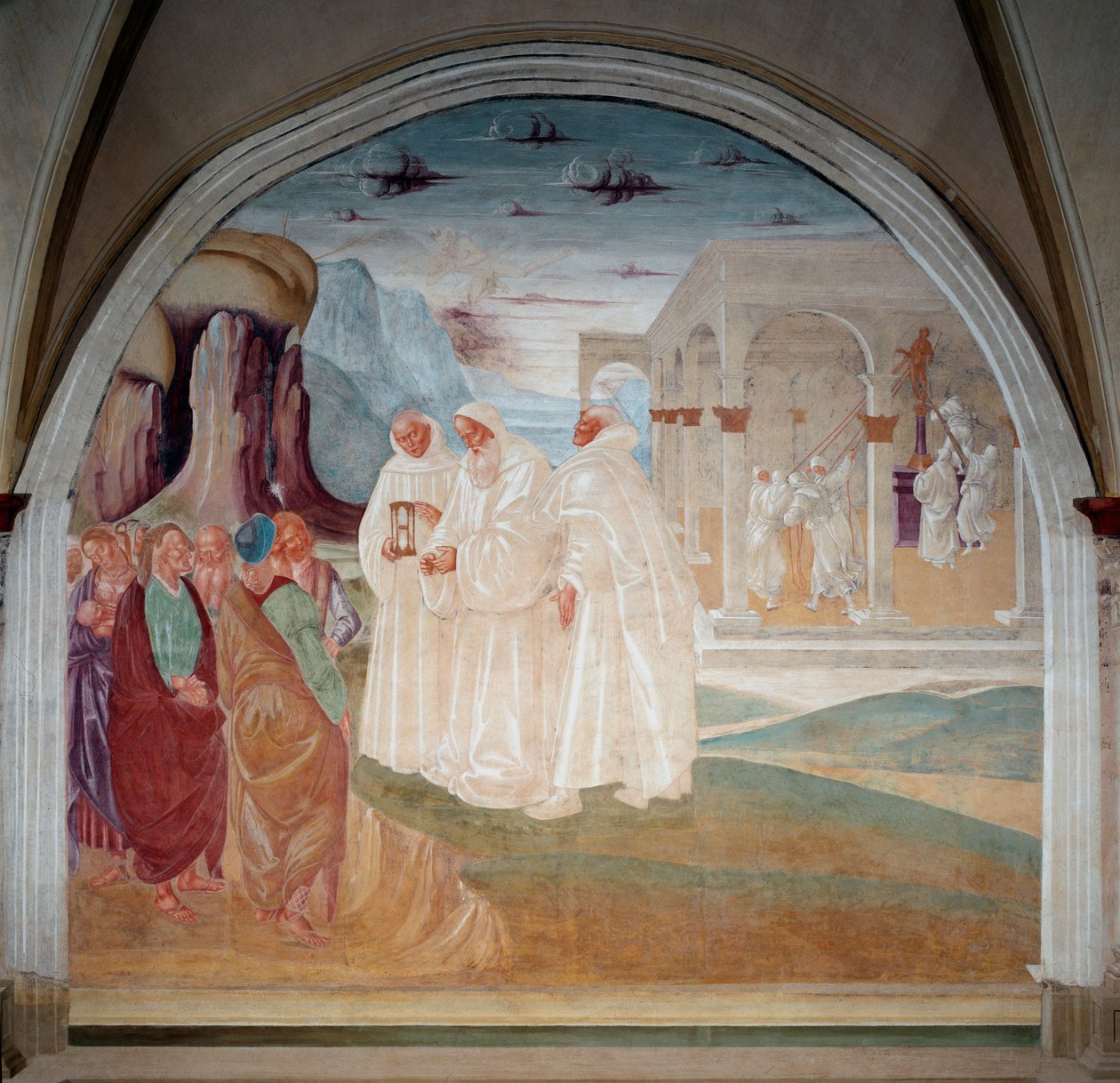 Aziz Benedict, Monte Cassino sakinlerini müjdeledi, arka planda keşişler bir Apollo heykelini (Fresco) vurdu. by Luca Signorelli