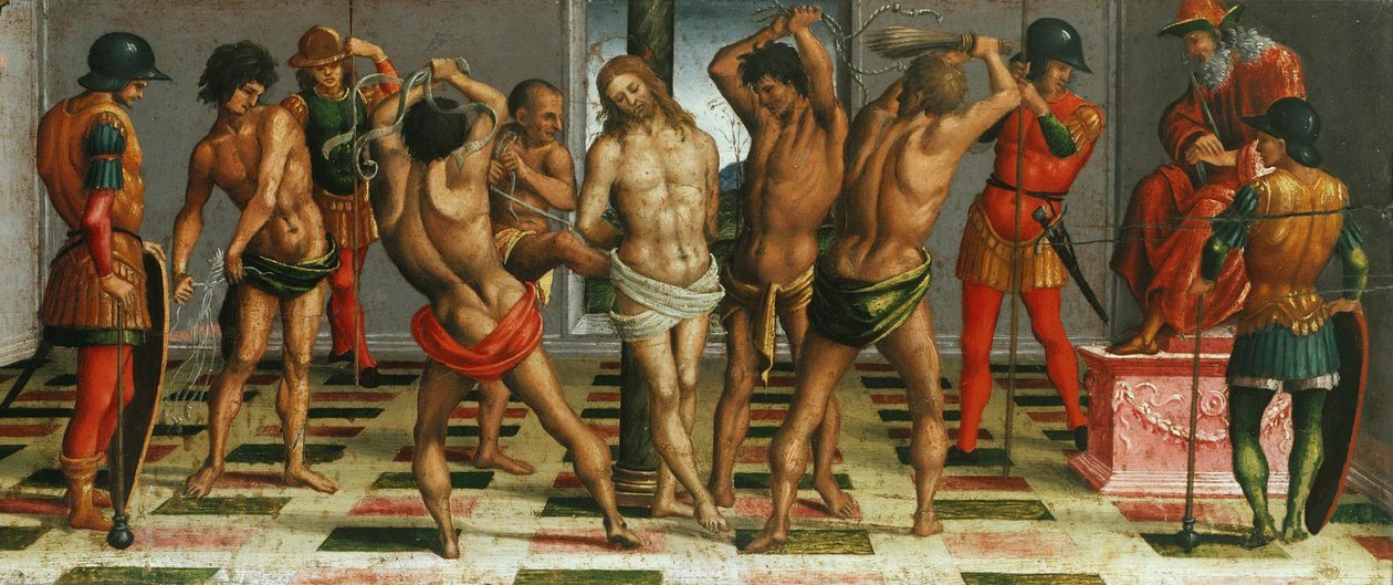 Ölü Mesih Üzerine Mesih Ağıtının Kırbaçlanması, Predella paneli, 1502. by Luca Signorelli