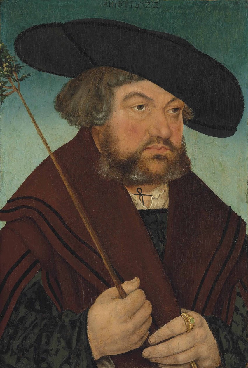 Bir dal tutan siyah bir yelek ve kahverengi pelerinli bir adamın portresi by Lucas Cranach the Elder