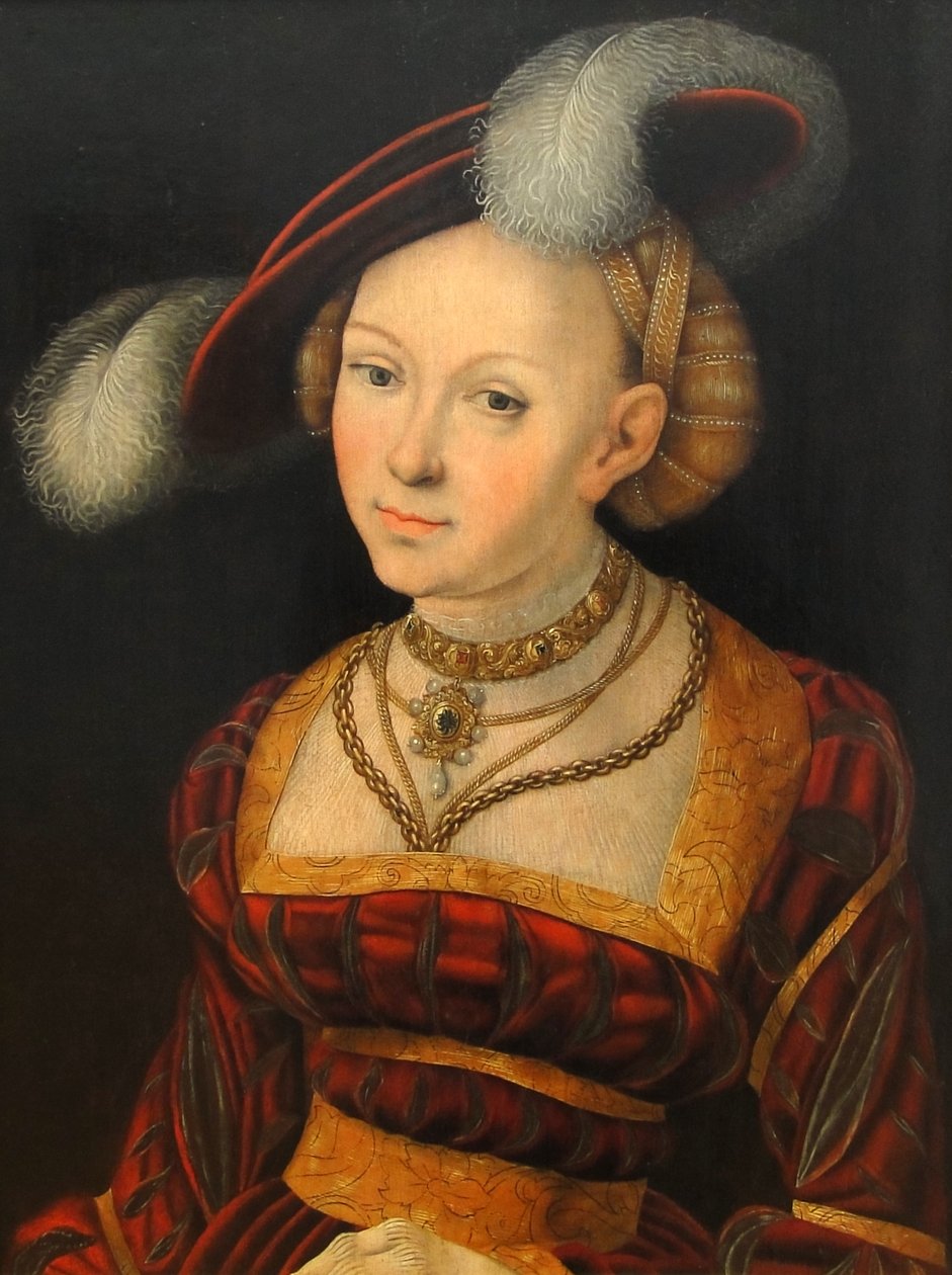 Tüy şapkalı kadın yarım figürü by Lucas Cranach the Elder