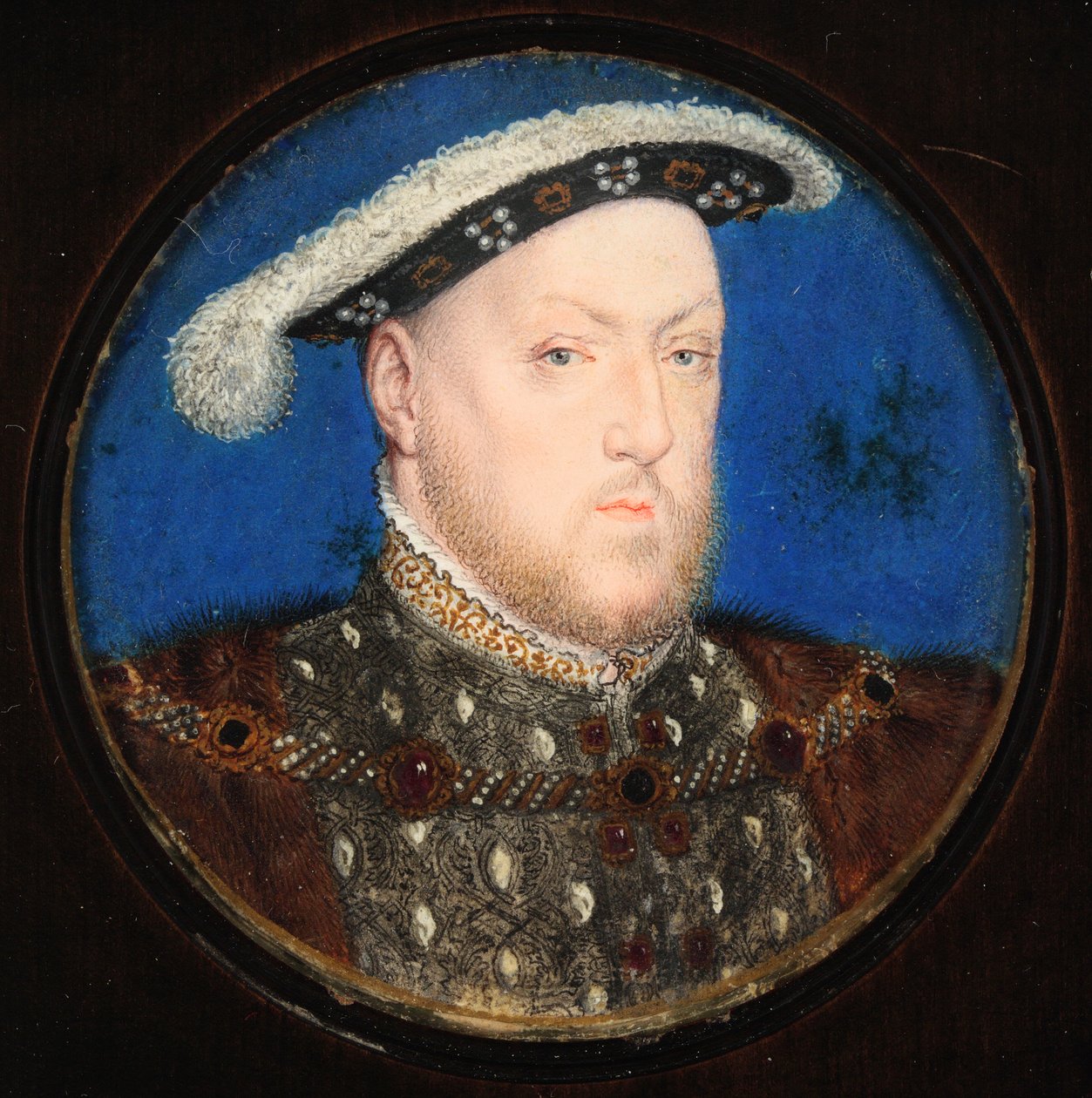 Henry VIII, gri bir çift ve kürk elbiseli (wc ve gövde rengi parşömen üzerine) by Lucas Horenbout or Hornebault
