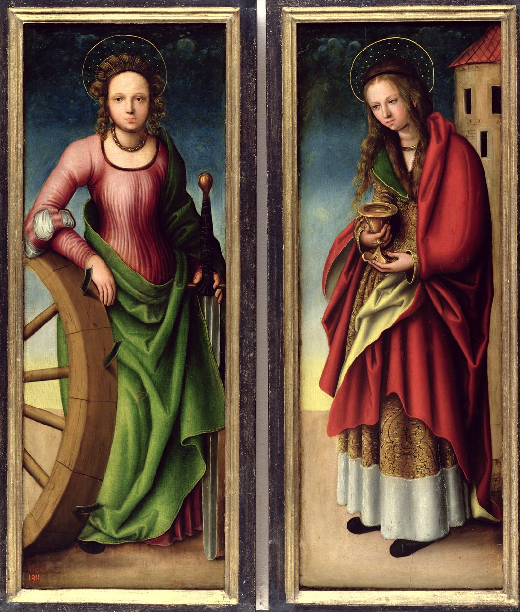 Aziz Catherine ve Aziz Barbara, 1510 by Lucas studio of Cranach