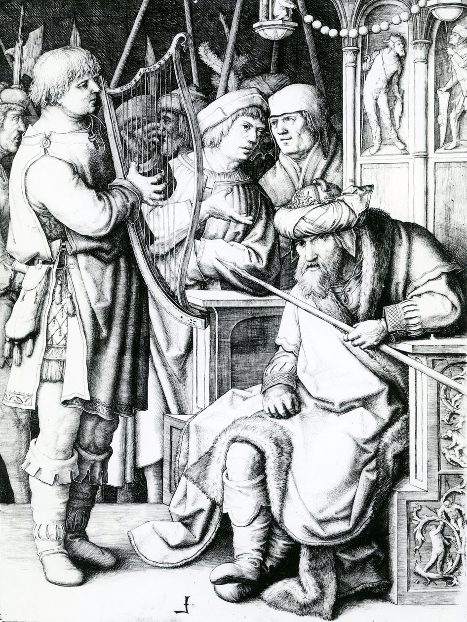 David, Saul için arp çalıyor by Lucas van Leyden