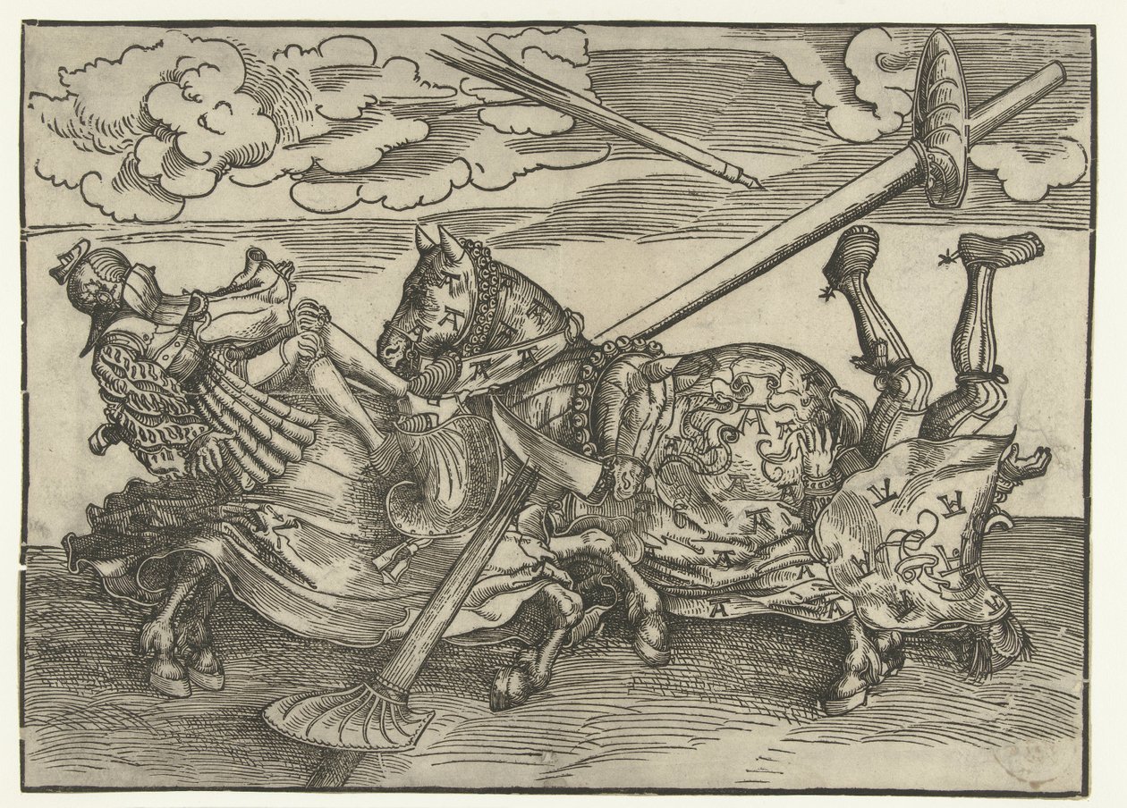 At sırtında şövalyeler olarak iki soylu ile Alman turnuvası by Lucas Cranach