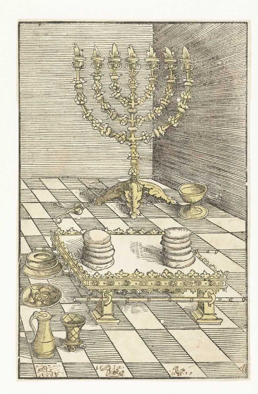 Gösteri ekmeği ile yedi kollu şamdan ve masa by Lucas Cranach