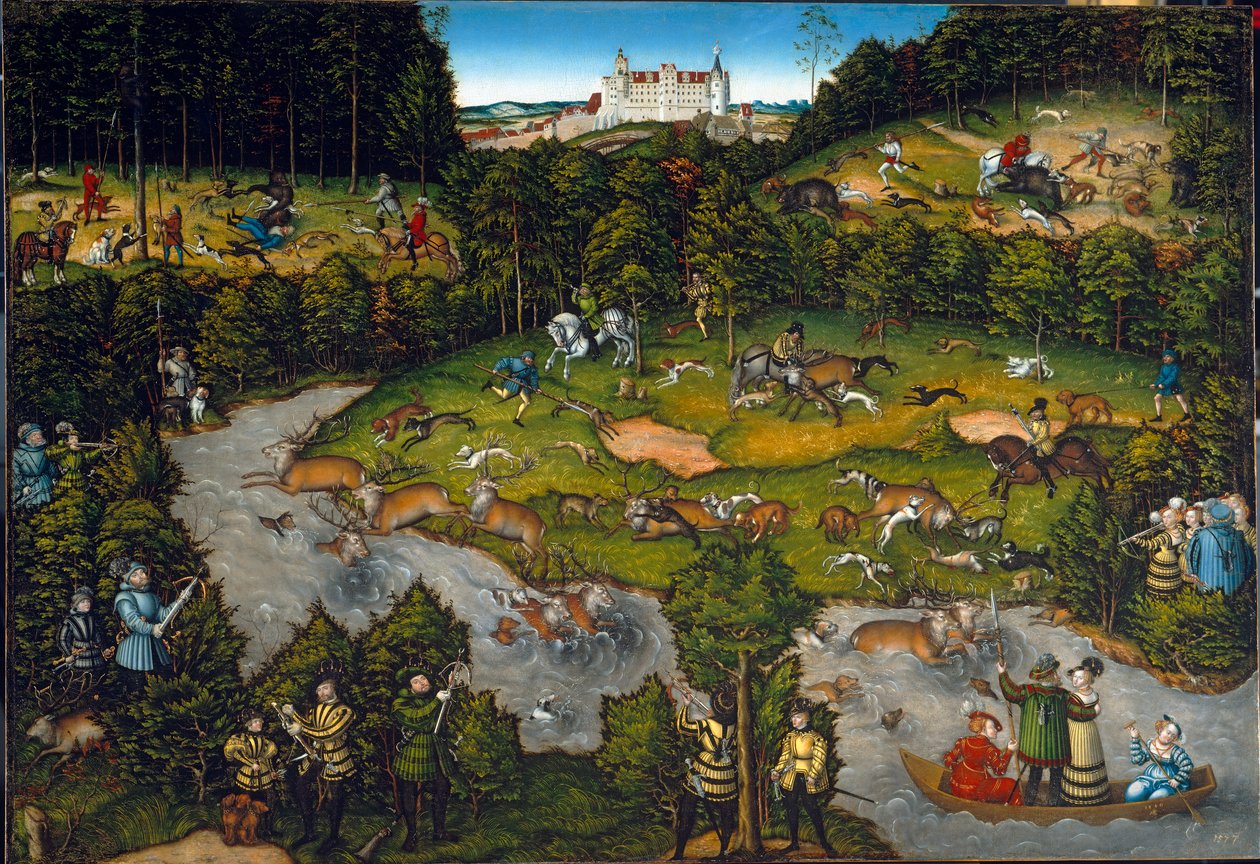 Hartenfels Kalesi yakınında avlanma by Lucas Cranach