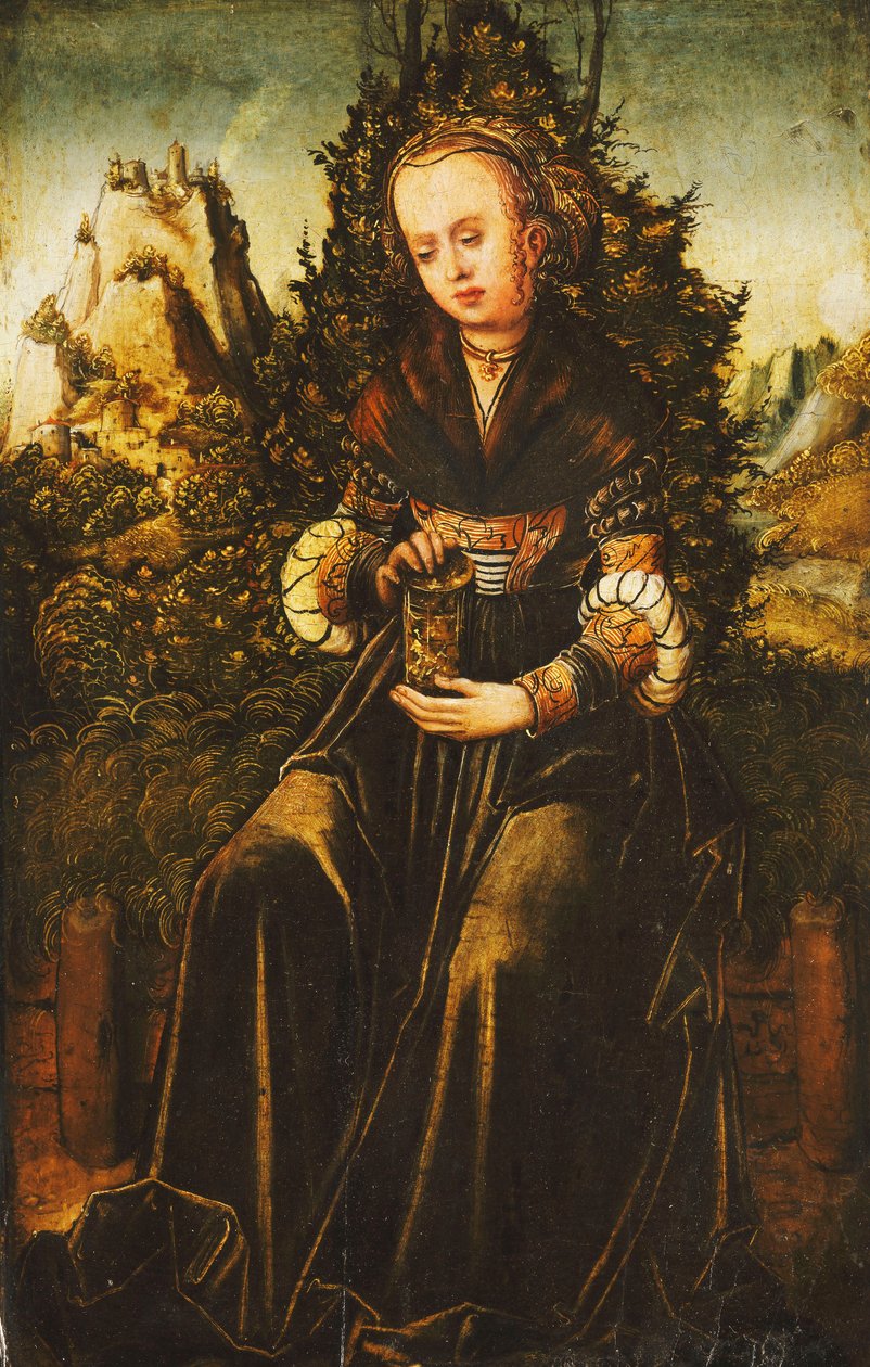 Aziz Mary Magdalen, Dağlık Bir Peyzajda Çimenli Bir Kenarda Oturmuş, by Lucas Cranach