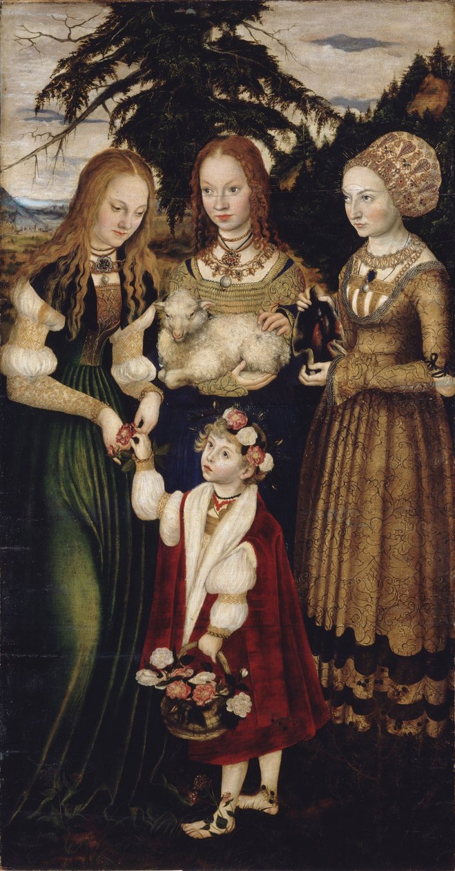 Aziz Catharine Şehitliği ile mihrap, sol kanat: Azizler Dorothea, Agnes ve Cunigund by Lucas Cranach the Elder