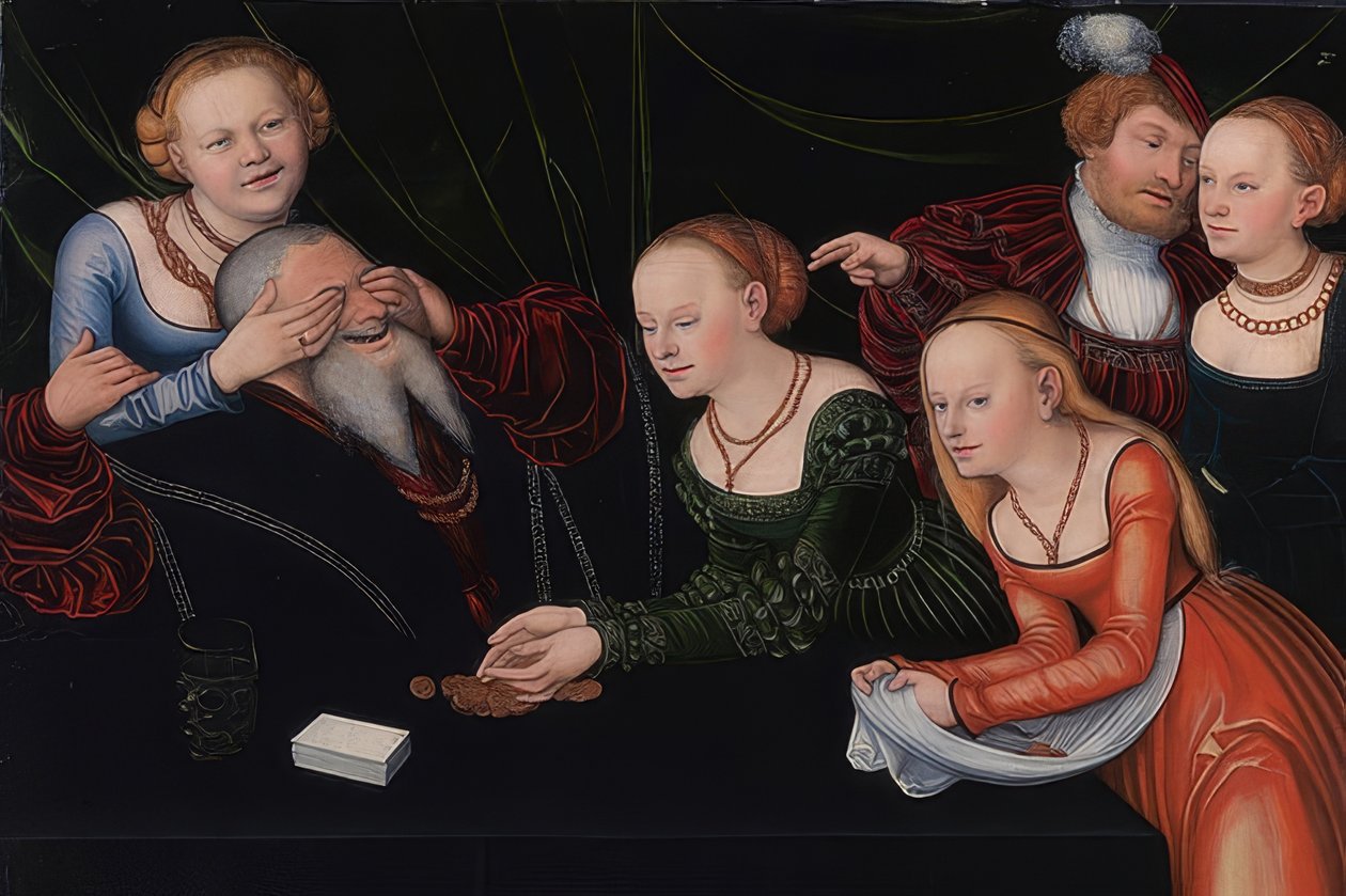Yaşlı adam fahişeler tarafından büyülendi. 1537 civarında by Lucas Cranach the Elder