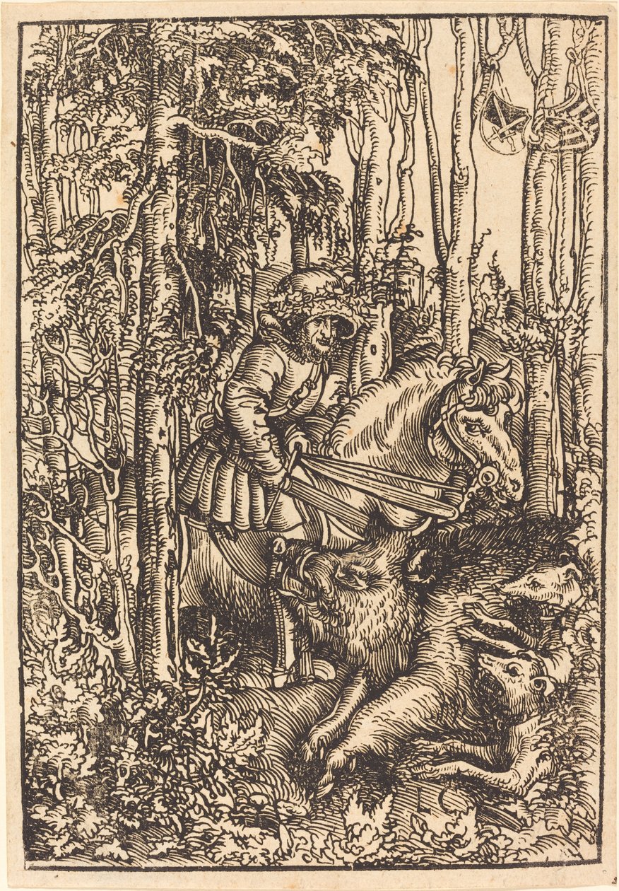 At sırtında bir yaban domuzu avlayan avcı by Lucas Cranach the Elder