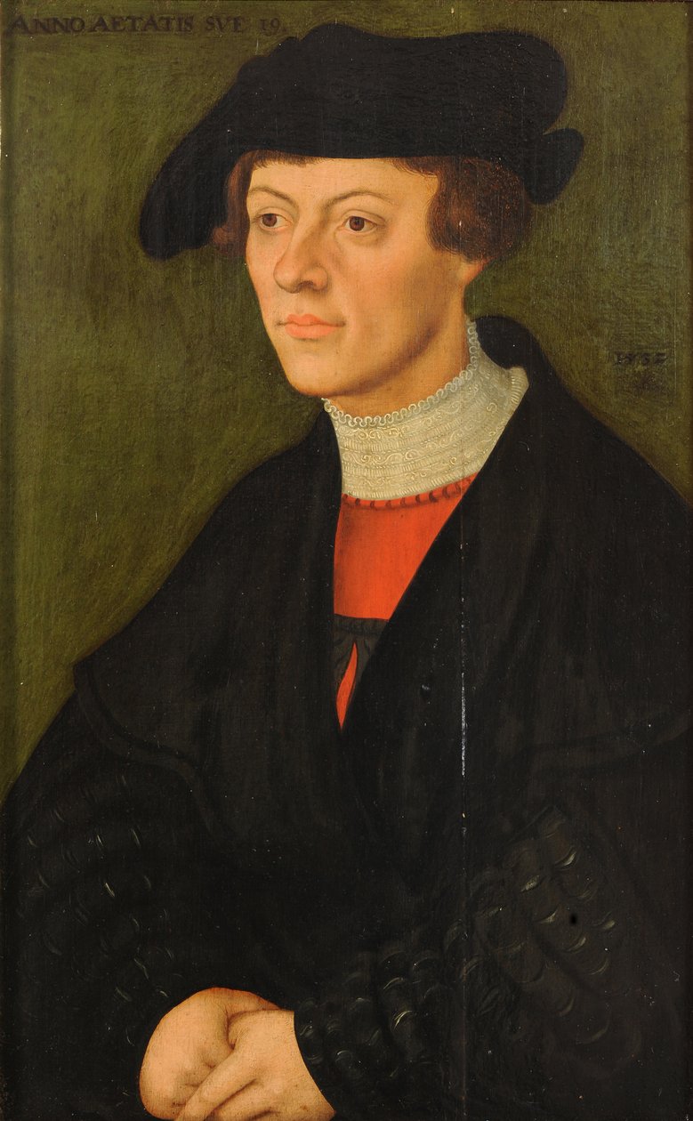 Siyah giysili 19 yaşındaki genç bir adamın portresi by Lucas Cranach the Elder