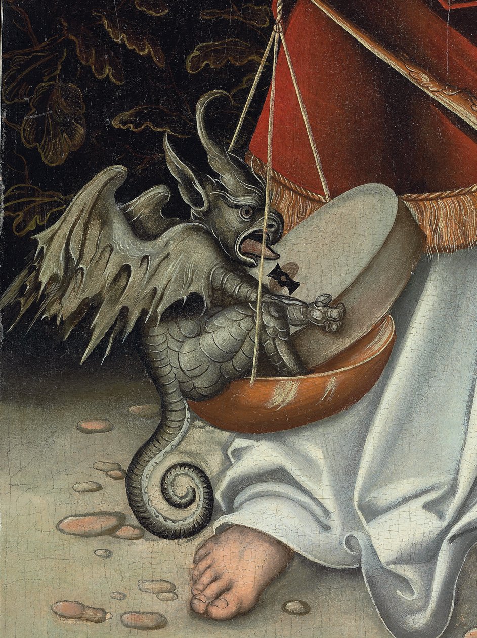 Adaletin Terazisini tutan Başmelek Mikail (detay) (panelde yağlı boya) by Lucas the Elder (workshop of) Cranach