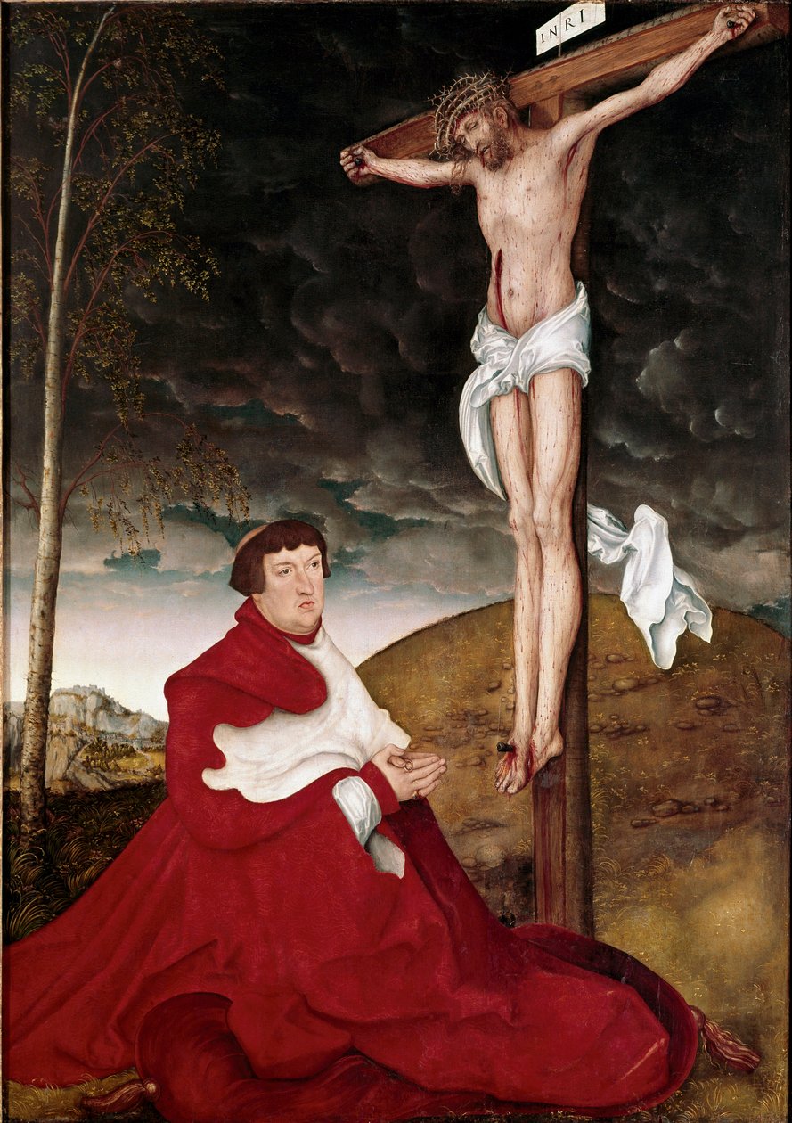 Kardinal Albert von Brandenburg, Yaşlı Lucas Cranach'ın Haç Resmine Tapıyor (1472-1553) by Lucas the Elder Cranach