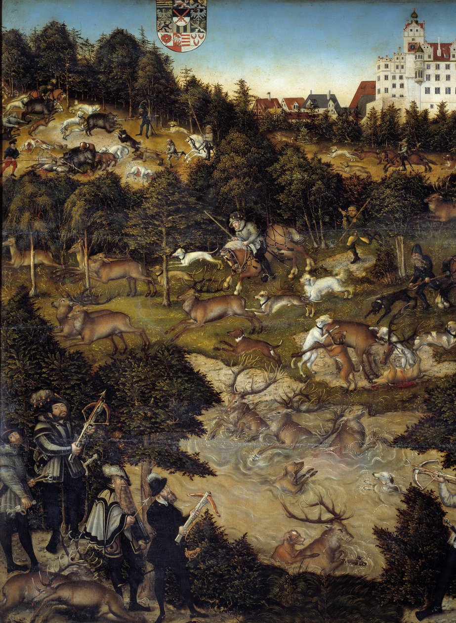 Torgau Kalesi'nde (Almanya) Charles V onuruna avlanma. Detay. İmparator muhtemelen alt katta bir tatar yayı tutan bir temsilcidir. Lucas Cranach'ın (1472-1553) tablosu by Lucas the Elder Cranach
