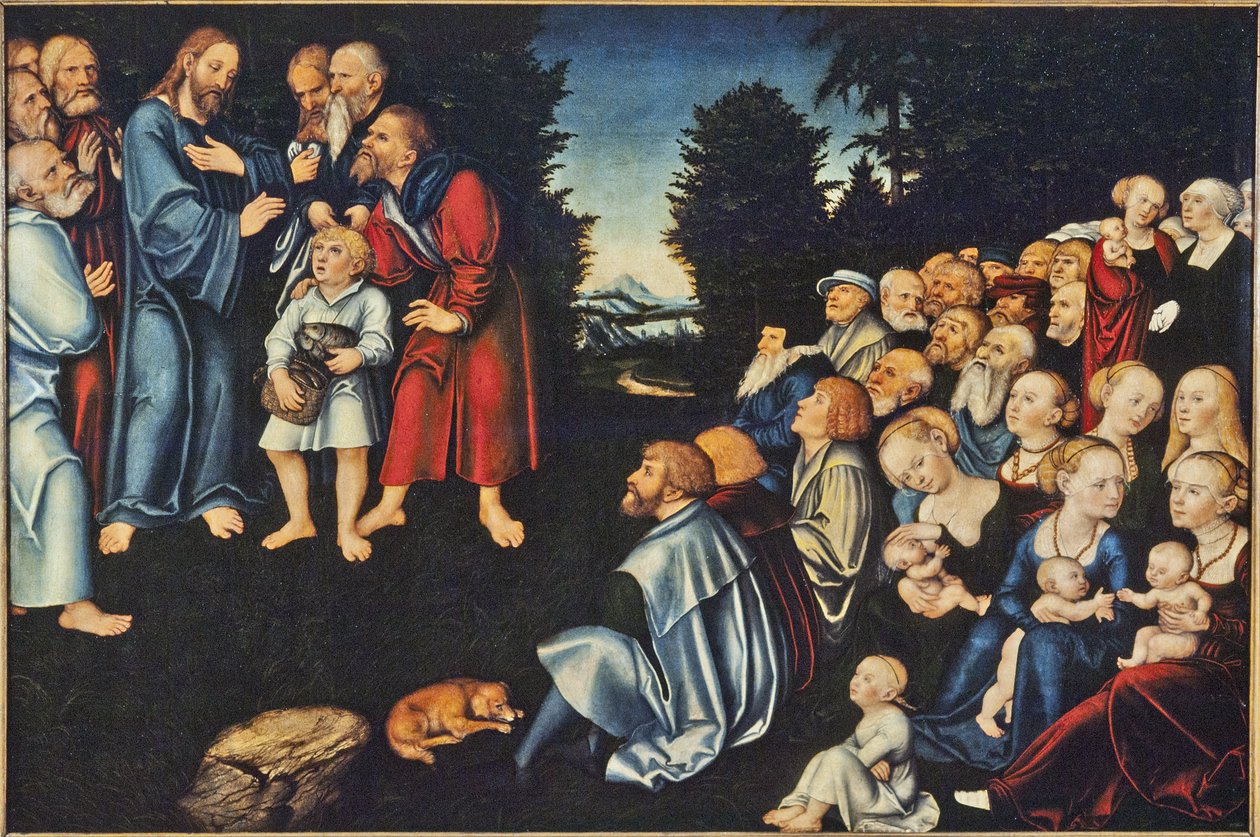 La çarpma des ağrıları - Cranach, Lucas, the Elder (1472-1553) tarafından yazılan Beş Somun ve İki Balığın Mucizesi. Ahşap üzerine yağ. Ebat : 82x120 cm. Ulusal Müze Stockholm by Lucas the Elder Cranach
