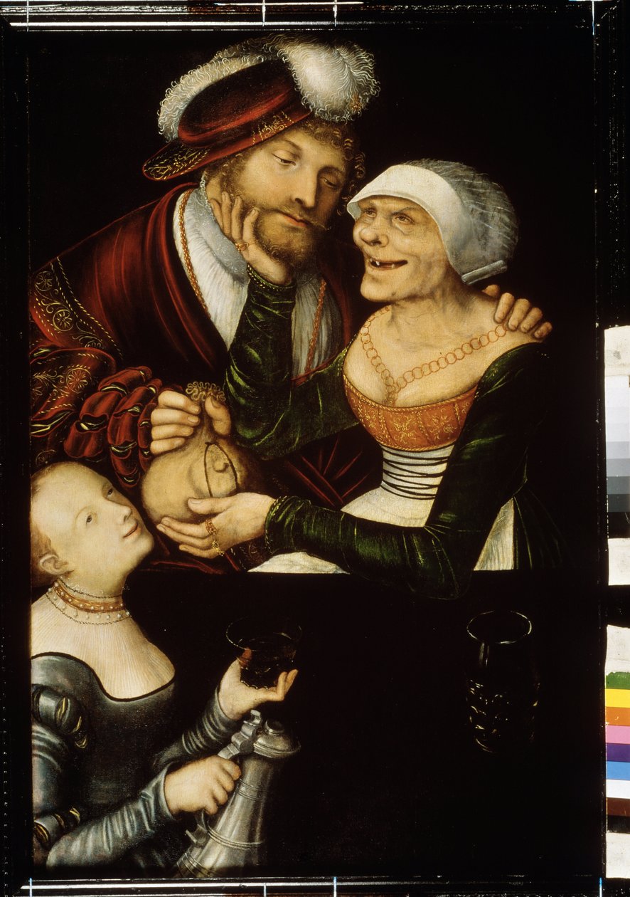 "Tedarikçi" Dişsiz yaşlı bir pezevenk, bir fahişeyle röportaj karşılığında bir müşterinin çantasını alır. Lucas Cranach the Elder (1472-1553) tarafından yapılan tablo 1530 dolaylarında Gürcistan Devlet Gürcü Sanat Müzesi, Tiflis (Tiflis) Gürcistan by Lucas the Elder Cranach