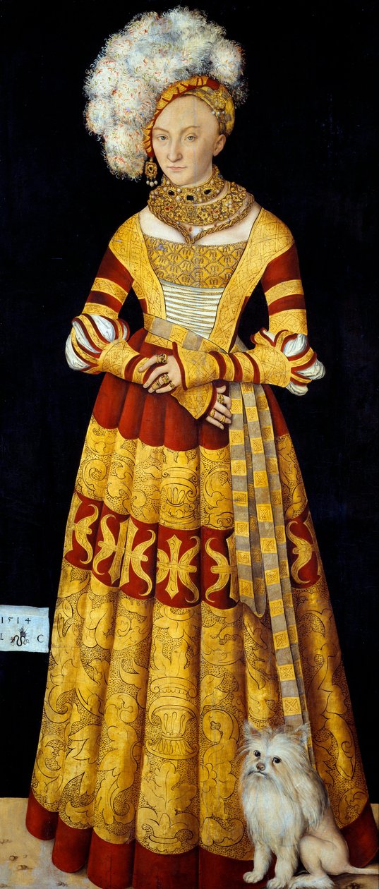 Mecklenburg'lu Catherine'in Portresi (Mecklenburg) (1487-1561)"" Lucas Cranach the Elder (1472-1553) tarafından yapılan boyama 1514 Dim. 184 x 83 cm (panel başına) Dresden State Art Collections by Lucas the Elder Cranach