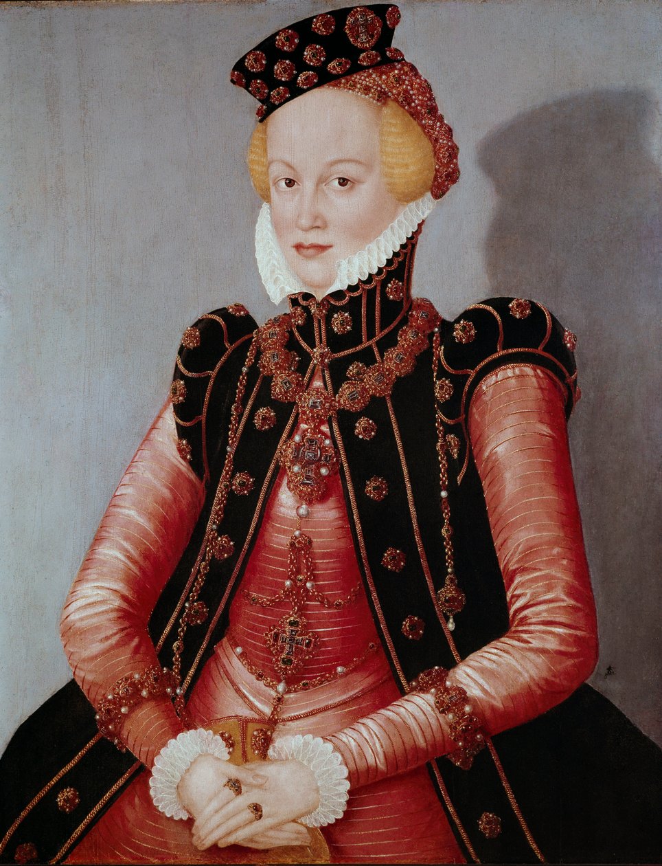 Zengin giyimli, şapkalı ve mücevherli genç bir kadının portresi. Lucas Cranach the Elder'ın (1472-1553) tablosu Dim. 87 x 69 cm Münih Alte Pinakothek by Lucas the Elder Cranach