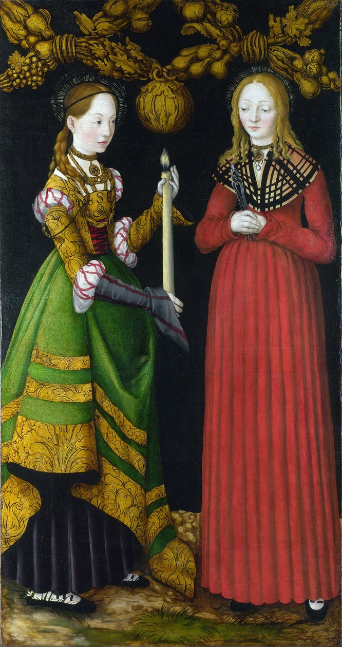 Aziz Genevieve ve Aziz Apolline (veya Apollonia) (Aziz Genevieve ve Apollonia). Saint Genevieve (423-502 veya 512), Paris şehrinin hamisi. İskenderiye Aziz Apollonia (veya Apollonia) (249 öldü), diş hekimlerinin şehit ve hamisi. boyama by Lucas the Elder Cranach