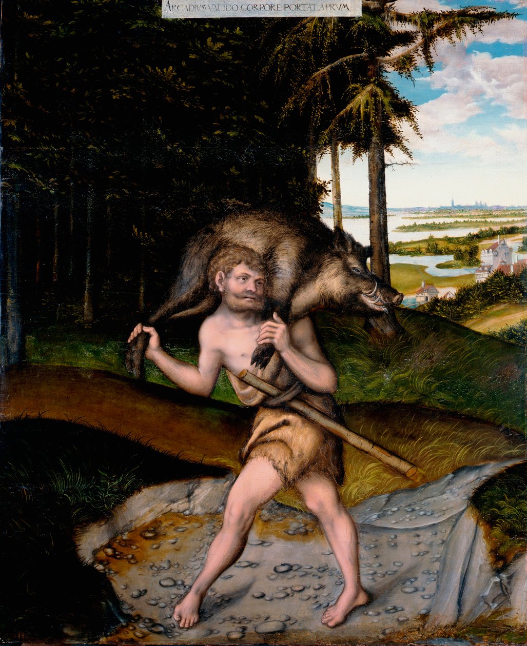 Travaux d'Hercule : Hercule et le sanglier d'Erymanthe - Herakles ve Erymanthian Boar (Herkül'ün Çalışmalarından) - Cranach, Lucas, the Elder (1472-1553) - 1537'den sonra - Ahşap üzerine yağlı boya - 111x91,5 - Herzog Anton Ulrich Müzesi, B by Lucas the Elder Cranach