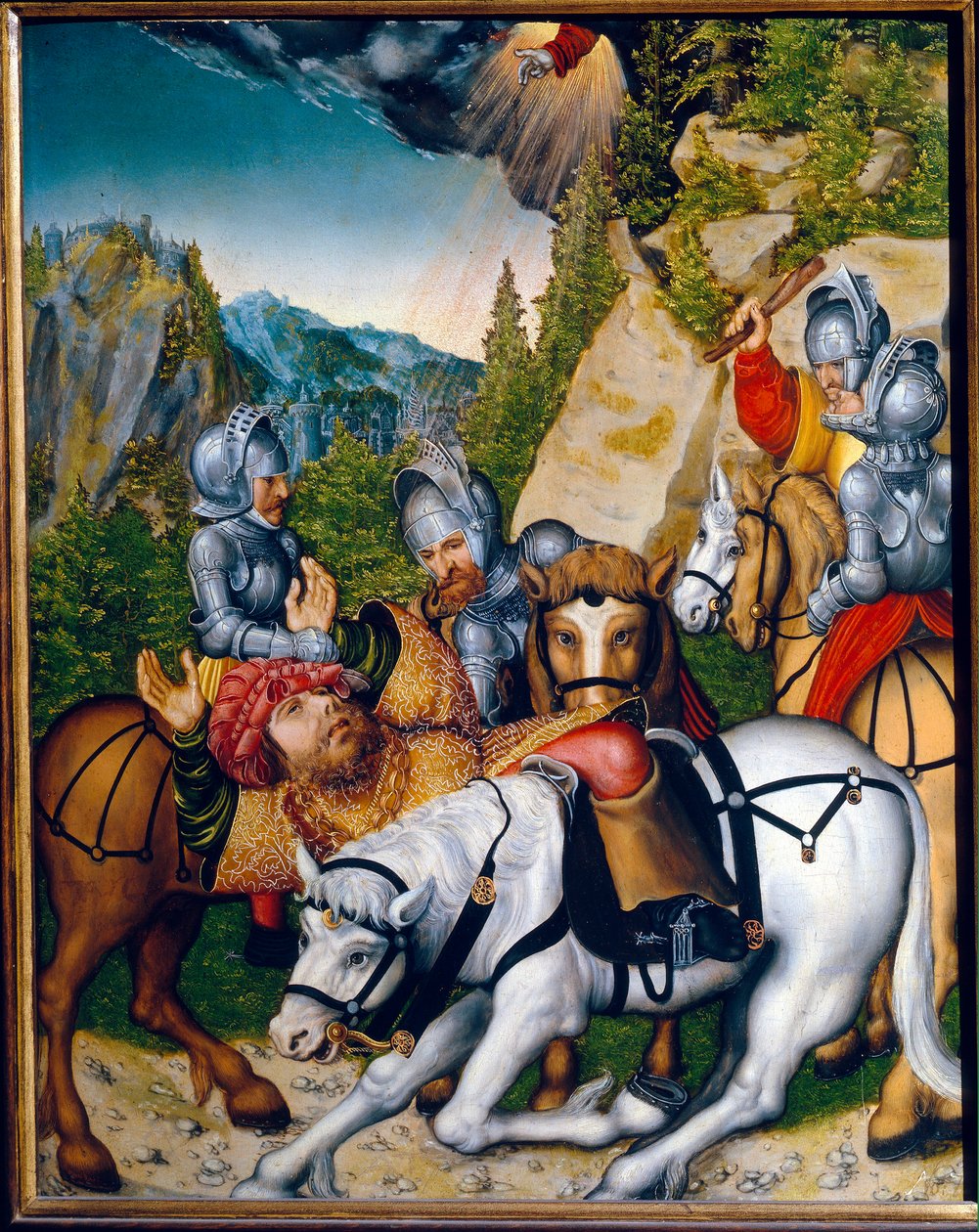 Şam (Suriye) yolunda dönüşüm. (Şam Yolunda Dönüşüm). Tarsuslu Aziz Paul (Saul) (c. 8-c. 67). Lucas Cranach the Younger (1515-1586), ahşap üzerine yağlı boya tablosu. alman sanatı by Lucas the Younger Cranach