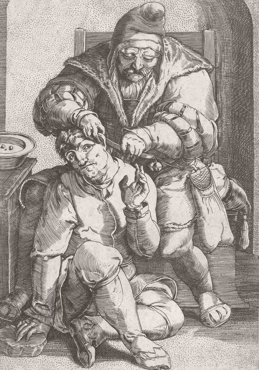 17. yüzyıl berber cerrahı bir hastanın kulağına bakıyor. by Lucas van (after) Leyden