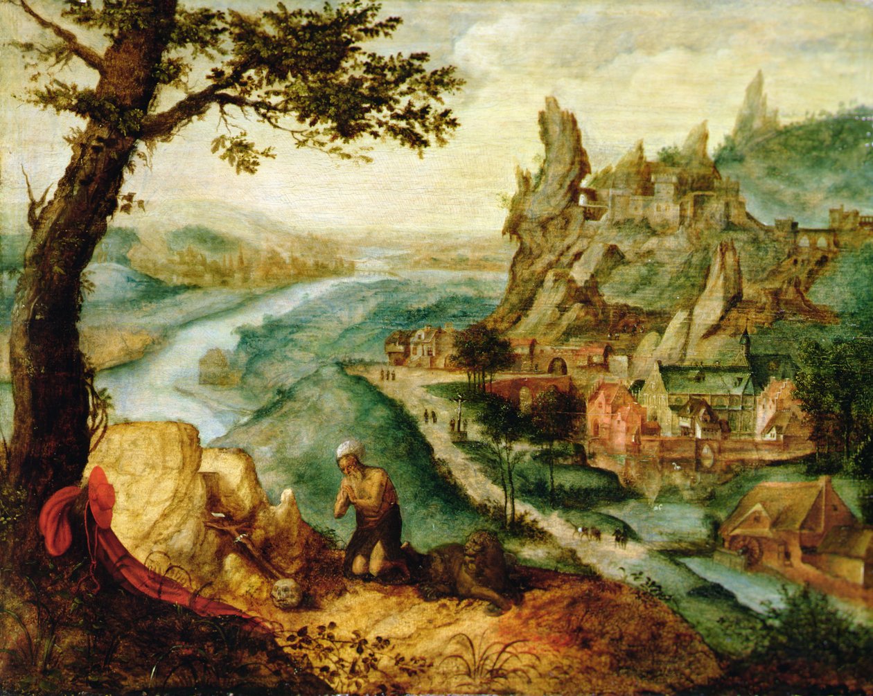 Bir Peyzajda Aziz Jerome (tahta üzerine yağlı boya) by Lucas van (c.1490 c.1570) Gassel