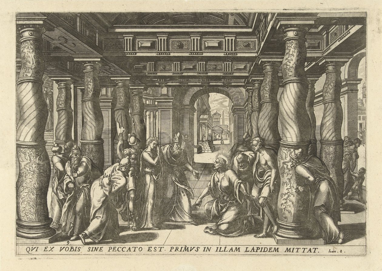 Christ en de overspelige vrouw En zarif ve zarif on üç ikonun tarihinin tapınağında Yeni Ahit Hatırası (seri başlığı) by Lucas van Doetechum
