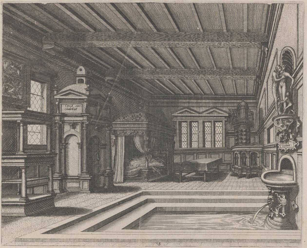 Büfe, Giriş Portalı ve Canopy Yataklı İç Mekan by Lucas van Doetechum and Johannes