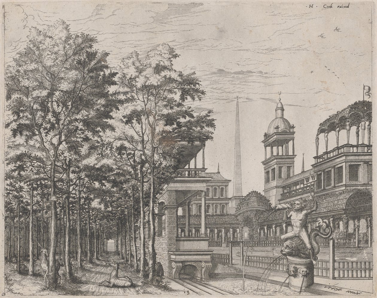 Ağaçlar, İki Geyik ve Saray Avlusu ile Manzara by Lucas van Doetechum and Johannes