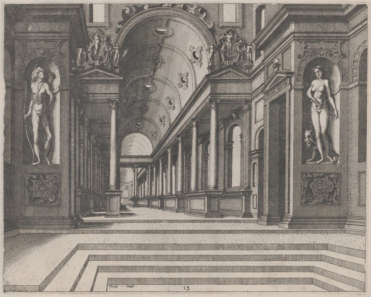 Korint Sütunları ve Apollon, Melpomene ve Musa Heykelleriyle Bir Kilisede Görünüm by Lucas van Doetechum and Johannes