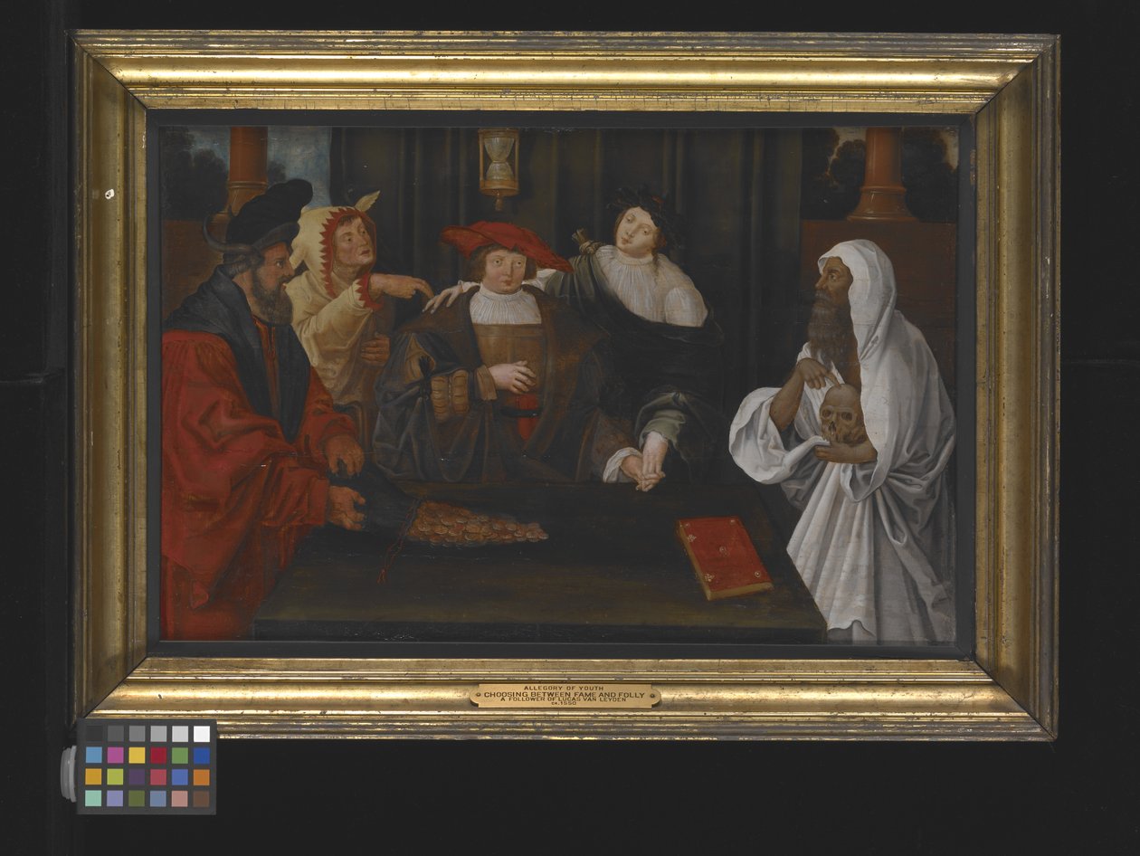 Şöhret ve Aptallık Arasında Geçiş Yapan Gençliğin Alegorisi (ahşap üzerine yağlı boya) by Lucas van Leyden
