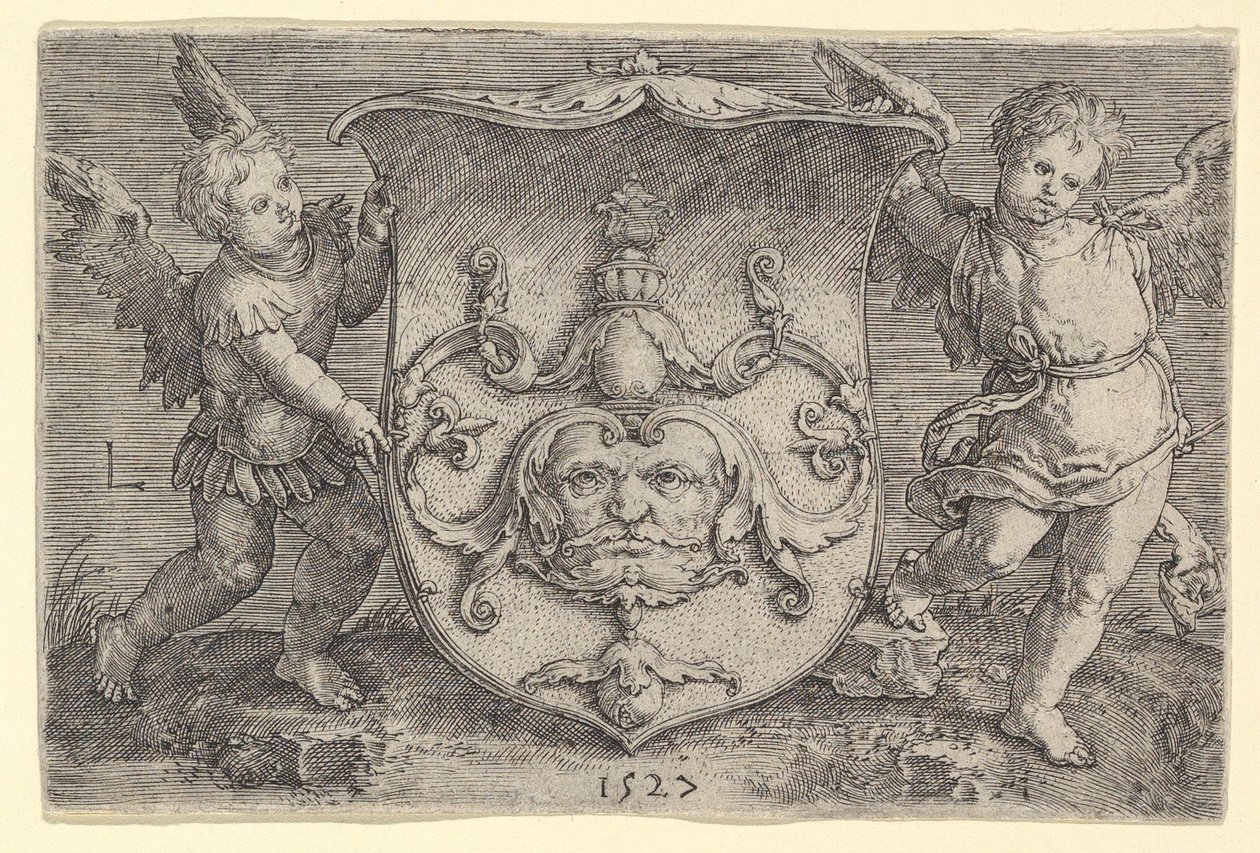 İki Genii Tarafından Tutulan Maskeli Arması, 1527. by Lucas van Leyden