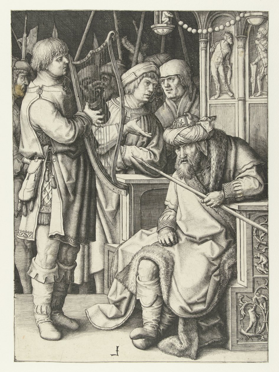 David, Saul için arp çalıyor by Lucas van Leyden