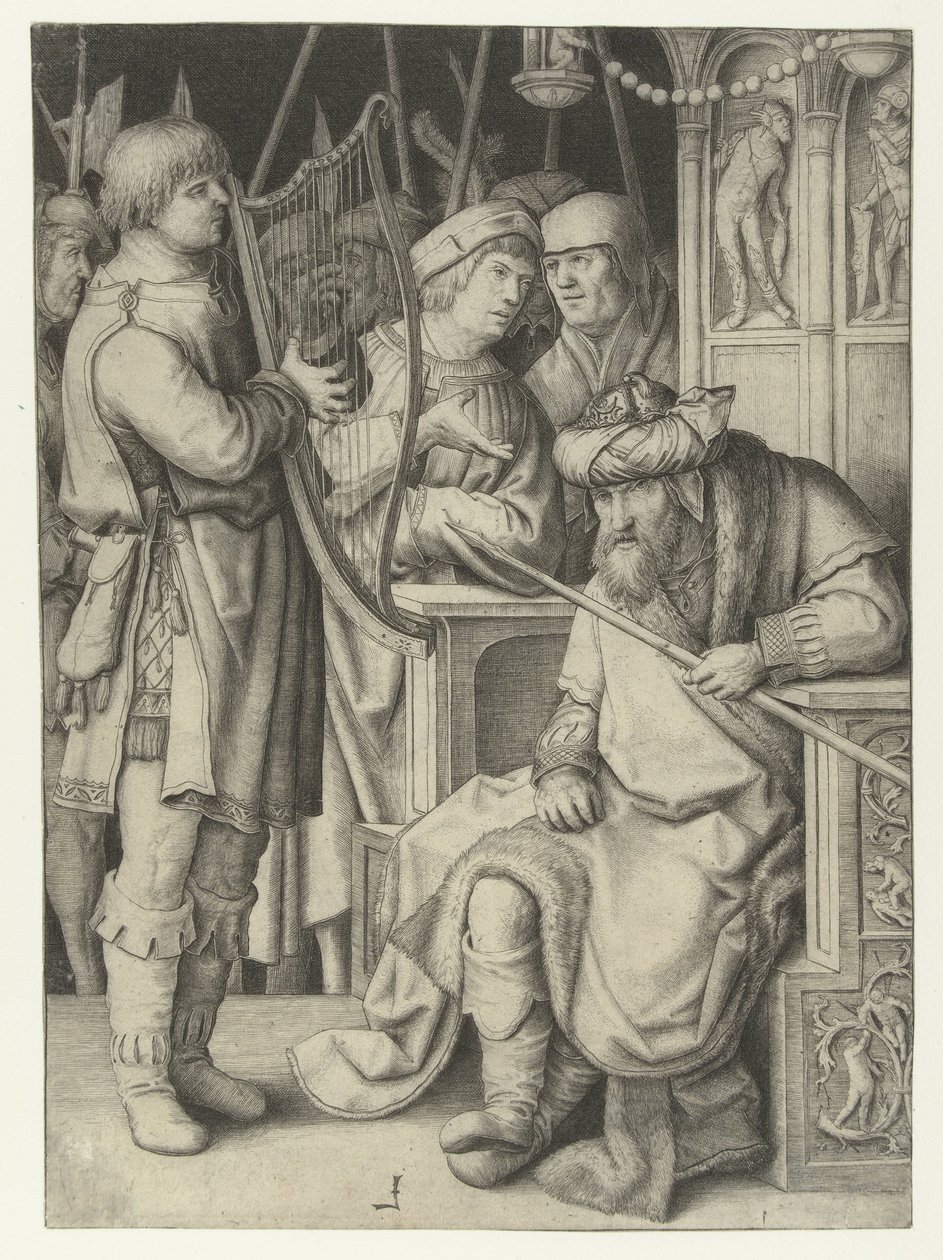 David, Saul için arp çalıyor by Lucas van Leyden