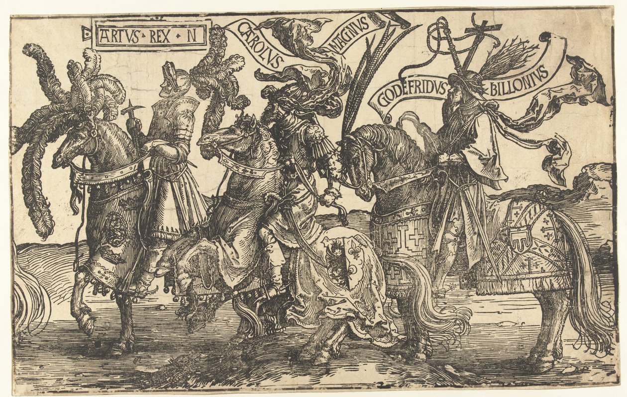 Kahramanlar King Arthur, Charlemagne ve Bouillon Godfrey Dokuz kahraman (dizi adı) by Lucas van Leyden