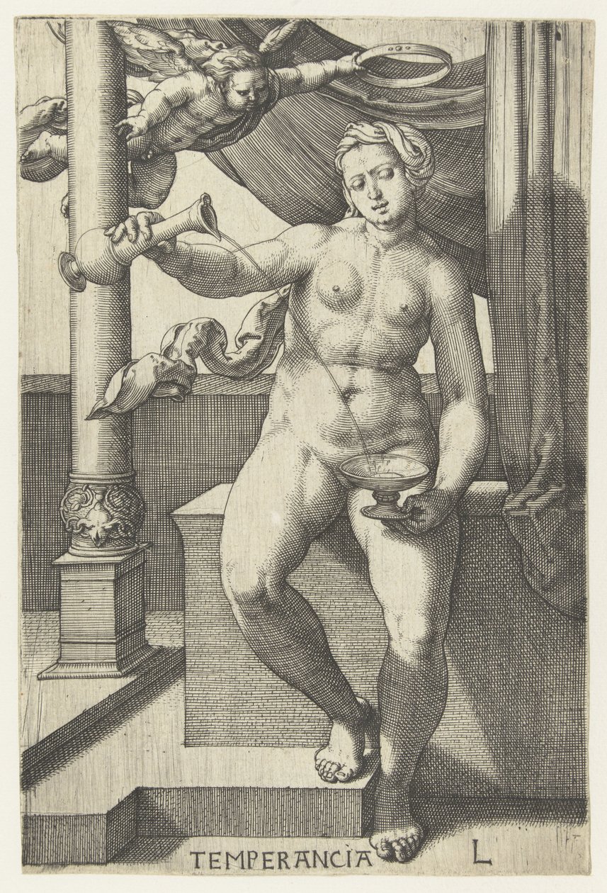 ayıklık Temperancia (nesne üzerindeki başlık) Yedi Erdem (dizi başlığı) by Lucas van Leyden