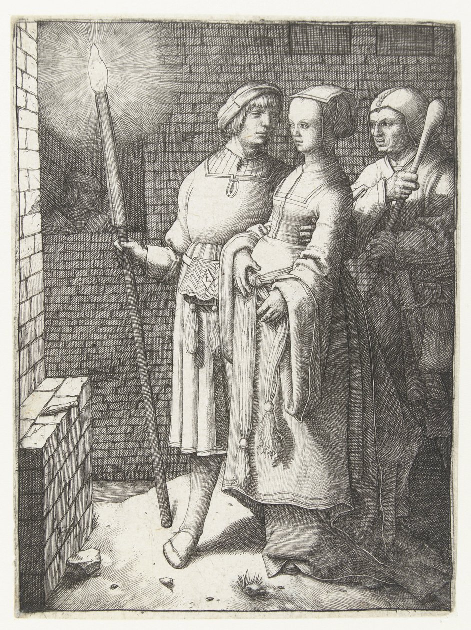 Elinde Meşaleli Genç Adam, Kadın ve Nar by Lucas van Leyden