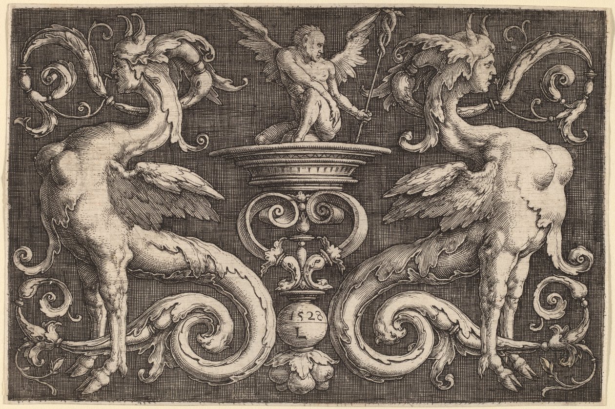 İki Sfenks ve Kanatlı Bir Adamla Süsleme by Lucas van Leyden
