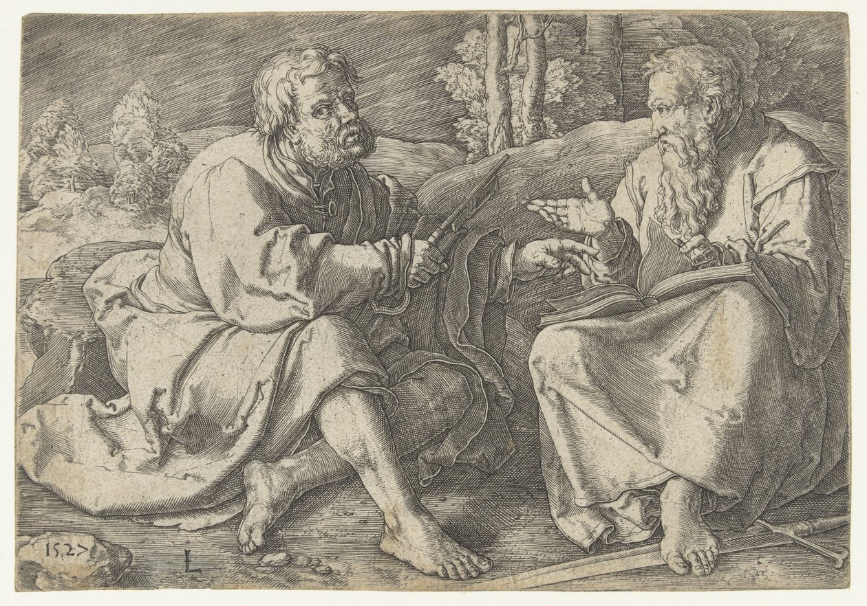 Paul ve Peter bir manzarada oturuyor by Lucas van Leyden