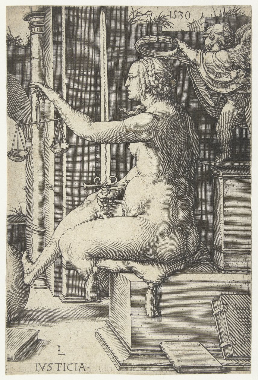 Adalet Iusticia (nesne üzerindeki başlık) Yedi Erdem (dizi başlığı) by Lucas van Leyden