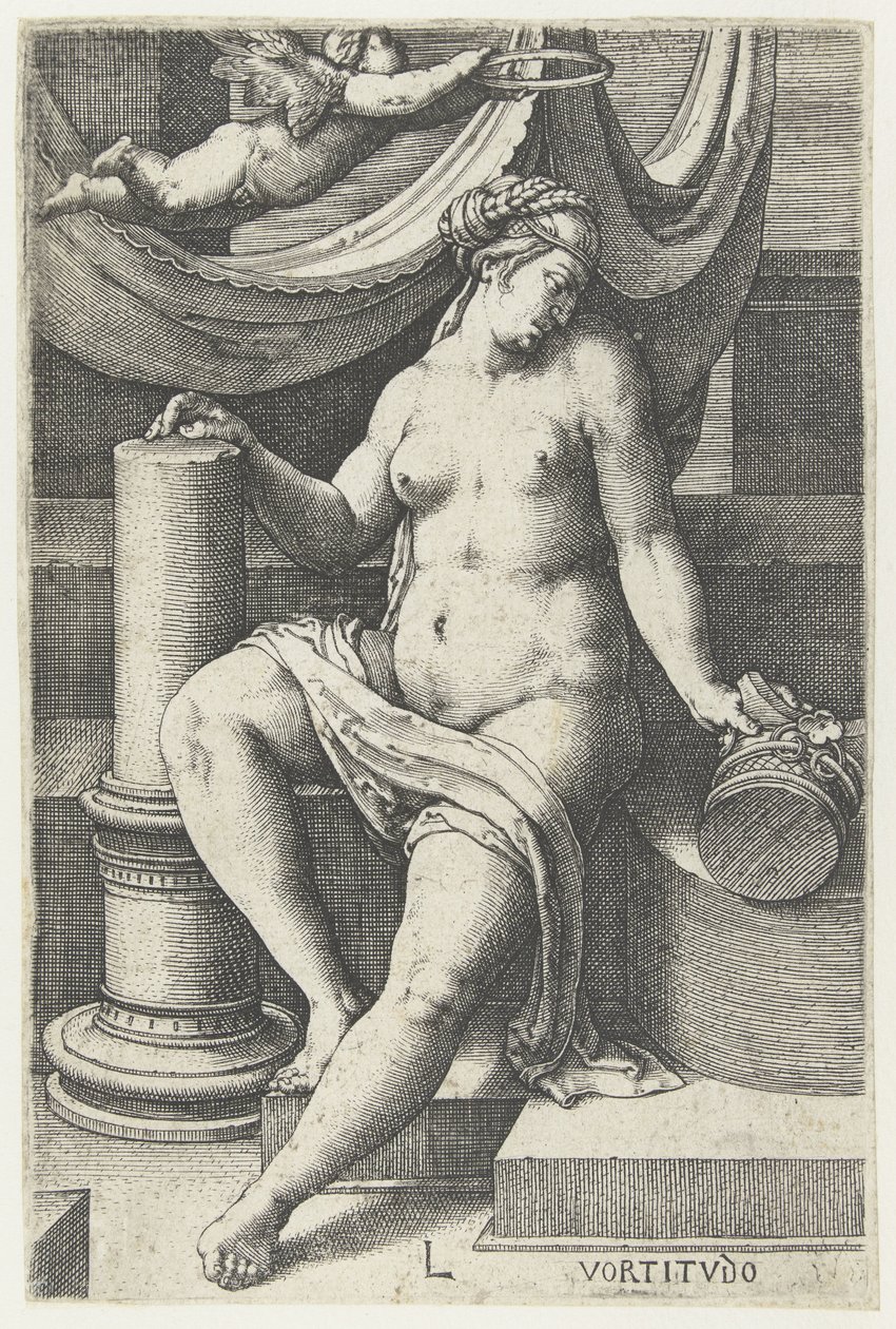 Acil şifalar dilerim Vortitudo (nesne üzerindeki başlık) Yedi Erdem (dizi başlığı) by Lucas van Leyden