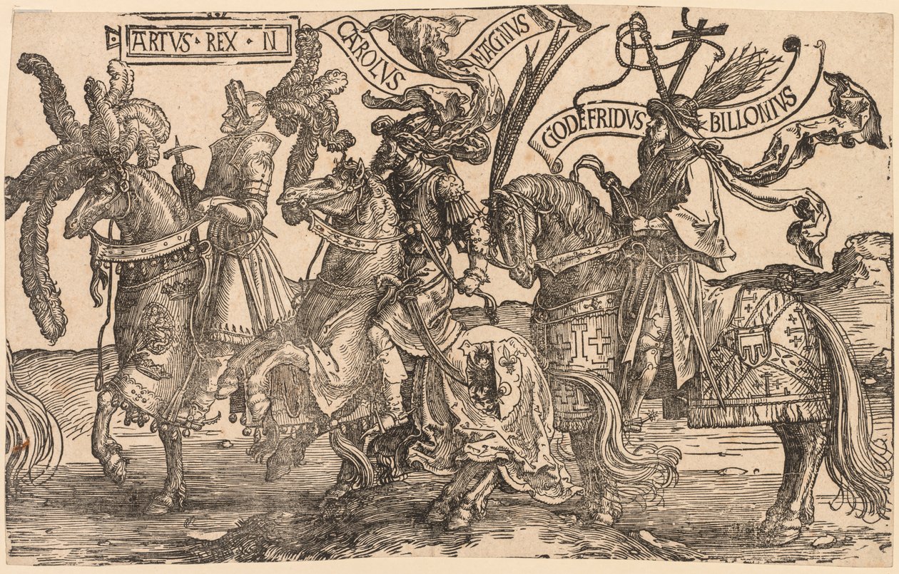 Dokuz Kahraman: Arthur, Charles the Great Charlemagne, Godfrey of Bouillon, 1515-1517. by Lucas van Leyden